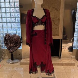 Victorias Secret Satin Rose Lace Trim Bralette & Midi Skirt Set